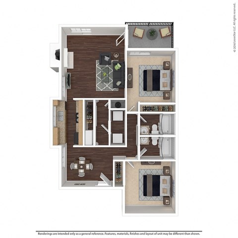 Floor plan for 2 beds, 2 baths, 985 sqft
